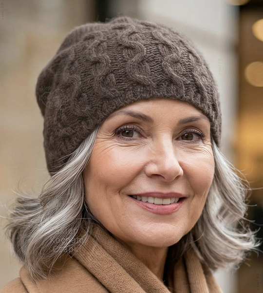 Czapka damska z wełny merino i kaszmiru, jesienna/zimowa, Elitana, brązowa, 54-56 cm