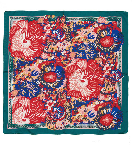 Chusta damska, apaszka satynowa damska, szmaragd + czerwony, 70x70 cm