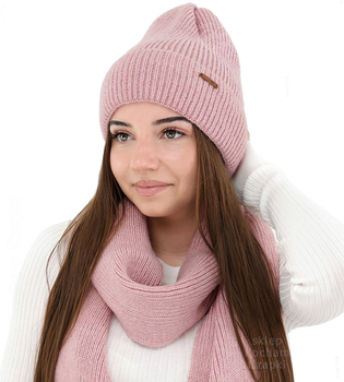 Komplet zimowy damski, czapka i szalik,  z wełną merino, Alyssa, różowy, 56-60 cm