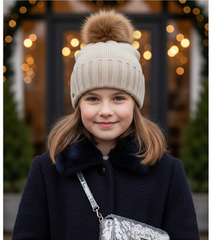 Czapka zimowa, ekskluzywna, merino, beżowa, Magna, 53-55 cm