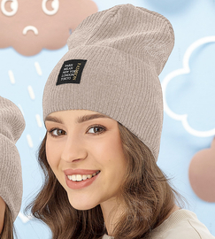 Czapka wiosenna/jesienna damska, z dzianiny w prążek, beżowa, Bellina, 54-57 cm