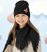 Czapka i chusta dla dziewczynki, dzianinowy ażurowy komplet, Nilfia, czarny, 53-55 cm