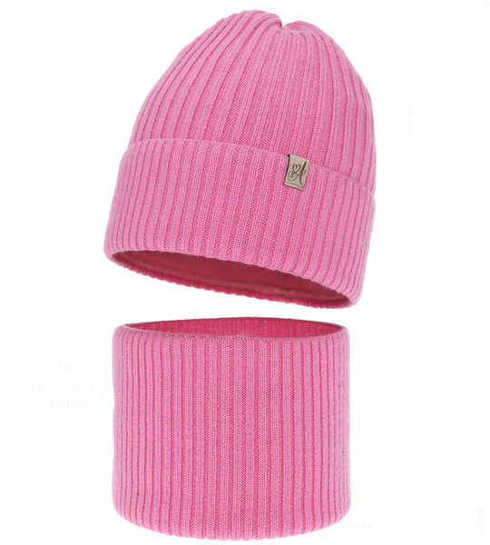 Czapka i komin dla dziewczynki, 100% merino, Temira, różowy (11) , 53-56 cm
