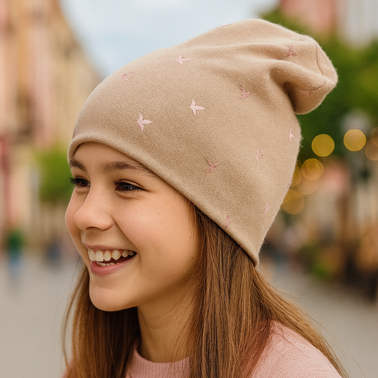 Czapka dla dziewczynki wiosenna/jesienna, dwustronna, BeBird, beżowa, 52-54 cm