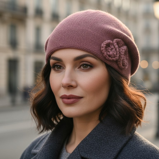 Czapka zimowa damska, beret pieczarka, Tesoni v.3, róż eozyna, 55-57 cm