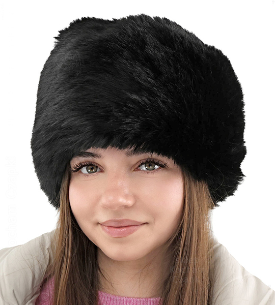 Czapka z futra ekologicznego, zimowy toczek futrzany, Loqly, czarna, 54-55 cm
