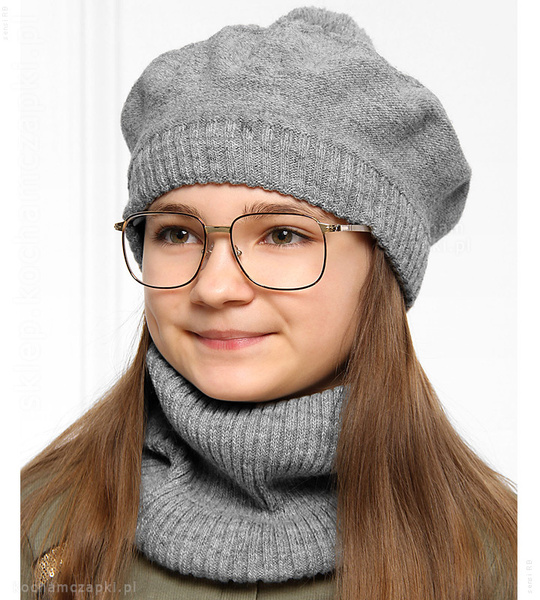 Beret i komin dla dziewczynki, zimowy komplet, Akcja, szary, 50-54 cm
