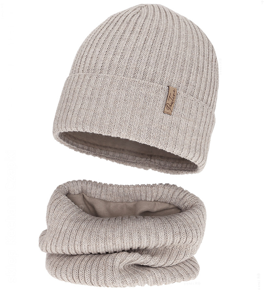 Czapka i komin dla dziewczynki, z wełną merino, Edotie, szaro-beżowy (10),  50-52 cm