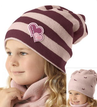 Czapka smerfetka zimowa dla dziewczynki, dwustronna, pieski jamniki, Lusija, bordo, 50-54 cm