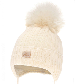 Czapka niemowlęca na zimę dla dziewczynki, merino, Sabma, kremowa, 41-43 cm