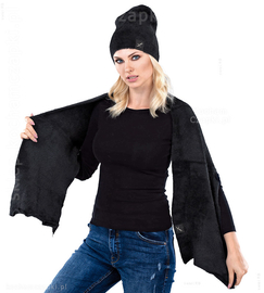 Czapka i szal damski, z alpaki syntetycznej, Samra II, czarny, 54-56 cm