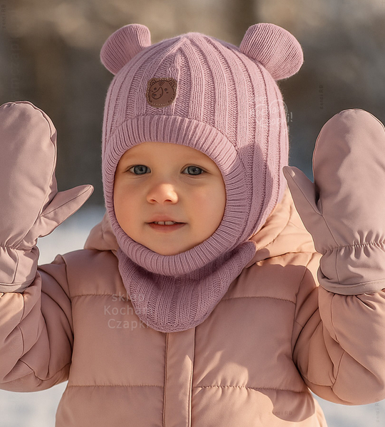 Kominiarka merino, zimowa dla dziecka, Elodre, wrzosowy róż, 46-50 cm