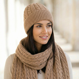 Ekskluzywny Komplet czapka i szalik, Merino + Kaszmir, Nyx, camel, 55-58 cm