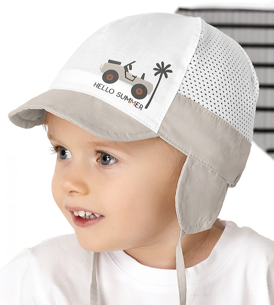 Czapka na lato dla chłopca, z siateczką, wiązana, HelloSummer, biały + szaro-beżowy, 49-50 cm