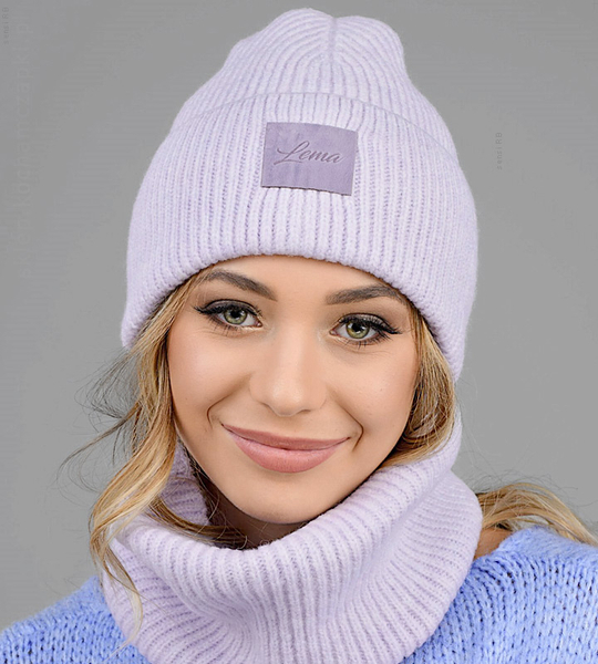 Czapka i komin damski, modny komplet dzianinowy, w prążek, Veronika, liliowy, 56-58
