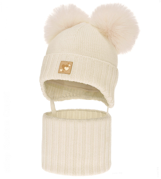 Czapka i komin dla dziewczynki, 100% merino, z polarem wełnianym, Norina, kremowy, 42-45 cm