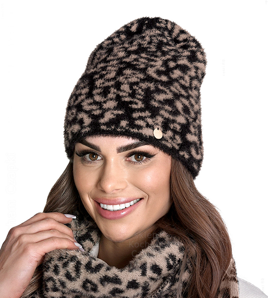 Czapka zimowa, damska, panterka Paraiso, alpaka, czarna, 55-58 cm