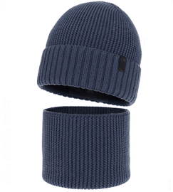 Czapka młodzieżowa i komin dla chłopca z wełny merino 100%, Rahian, niebieski, 56-58 cm