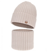 Czapka i komin z wełny merino 100%, komplet zimowy, Navira, jasny beżowy, 54-56 cm