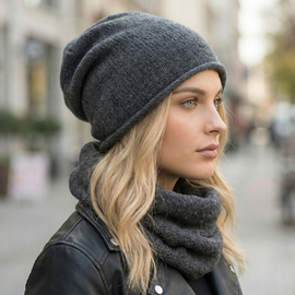 Czapka i komin z wełny merino i kaszmiru, komplet damski, Cetina, grafitowy, 56-60 cm