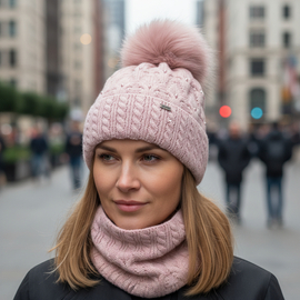Zimowa czapka damska i komin, elegancki komplet Natalie, róż nude, 55-57 cm