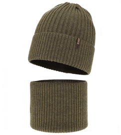 Czapka i komin dla chłopca, na zimę, 100% merino, Mogizzo, khaki, 50-52 cm