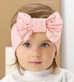 Opaska dla dziewczynki, bawełniana na głowę z kokardą,  pudrowa,  46-49 cm