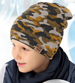 Czapka jesienna/wiosenna dla chłopca, dzianinowa, musztarda + grafit, Erandi, 54-56 cm