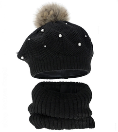 Beret zimowy i komin dla dziewczynki, komplet Anette, czarny, 52-54 cm