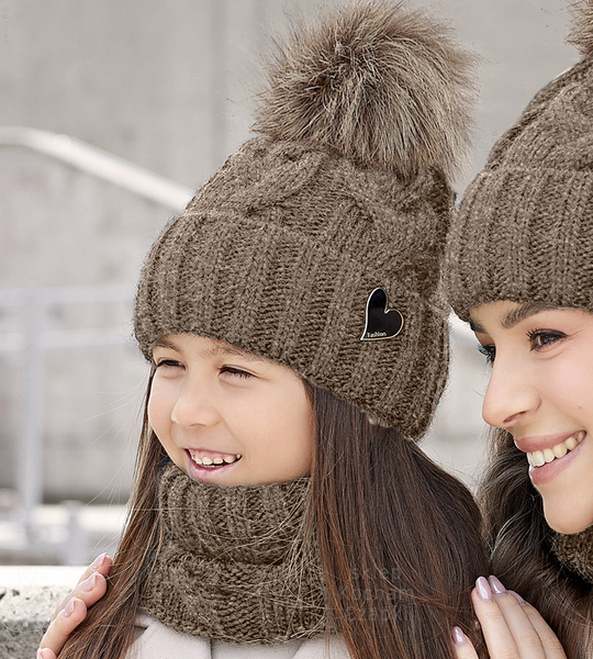 Czapka i komin dla dziewczynki, komplet zimowy, Vitona, ciemny beż melanż, 54-56 cm