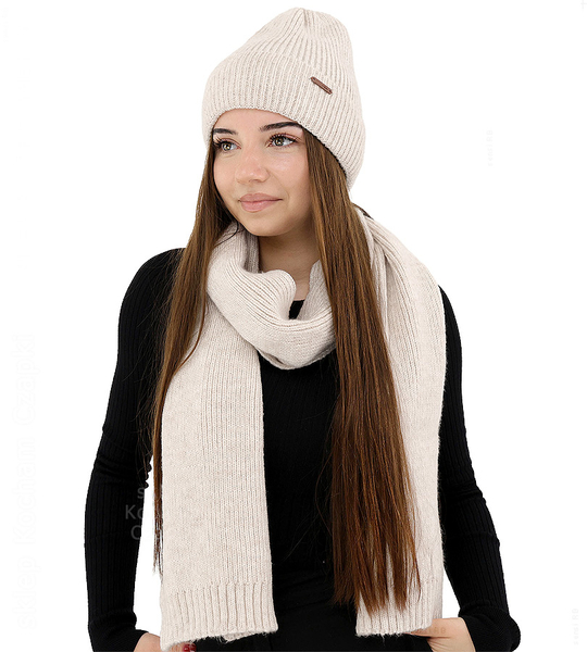 Komplet zimowy damski, czapka i szalik, z wełną merino, Alyssa, beżowy jasny (04), 56-60 cm