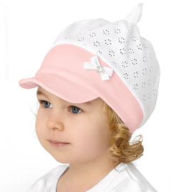 Czapka z daszkiem dla dziewczynki, ażurek, biały + róż pudrowy, Biawa, 42-46 cm