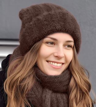 Czapka i szalik damski, komplet zimowy puszysty, Livona, brązowy, 56-59 cm