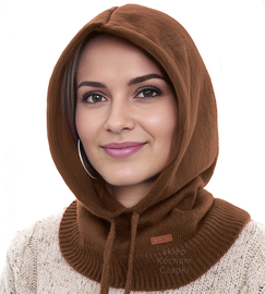 Komin z kapturem damski, kominiarka/kaptur zimowy, merino 17%, Beliza, brązowy, (16) 55-62 cm