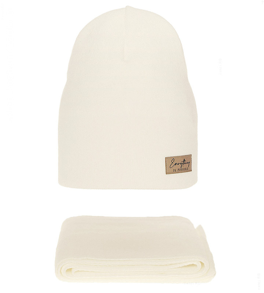 Komplet jesienno-zimowy damski, czapka i szalik, Luza, kremowy, 56-60 cm