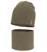 Czapka i komin dla chłopca, jesienny/wiosenny komplet, 100% wełna merino, khaki, Shetter, 53-56 cm