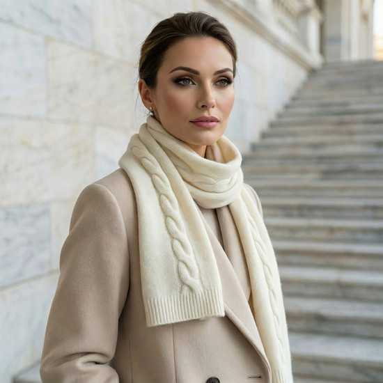 Elegancki Szalik damski z wełny Merino i Kaszmiru, zimowy, kremowy