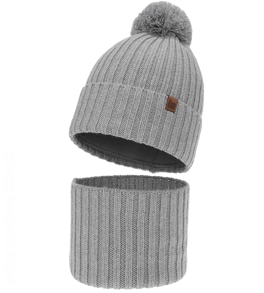 Czapka i komin dla chłopca, 100% merino, Mogtar, szary, 52-54 cm