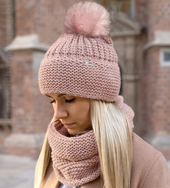 Czapka z pomponem i komin, damski komplet zimowy, Mauricia, rozm. 55-57 cm