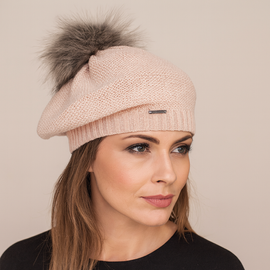 Beret damski, zimowy, z wełną merino, Nobbie, róż pudrowy jasny, 55-58 cm