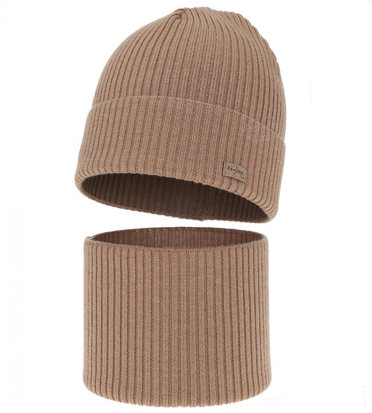 Czapka i komin dla chłopca, jesienny/wiosenny komplet, 100% wełna merino, Tinros, kamel, 48-50 cm