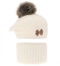 Beret zimowy i komin dla dziewczynki, Lopezja, kremowy, 48-51 cm
