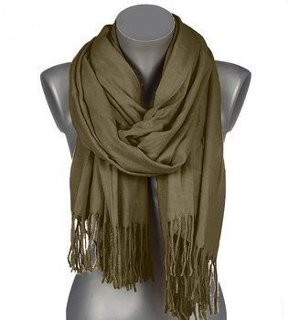 Szalik damski cienki z frędzlami – miękki, na jesień i zimę, zielony, khaki