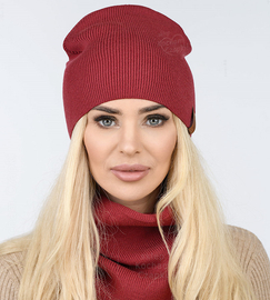 Czapka i komin damski, komplet wiosenny-jesienny, Carmelia,  czerwony ciemny, 55-60 cm