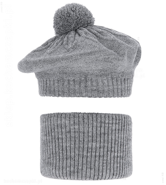 Beret i komin dla dziewczynki, zimowy komplet, Akcja, szary, 50-54 cm