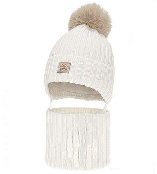 Czapka i komin dla dziewczynki, zimowy komplet, 100% wełniany merino, Lamesia, biały, 47-49 cm  