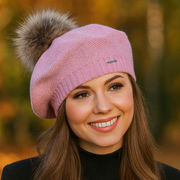 Beret damski, zimowy, z wełną merino, Nobbie, wrzosowy, 55-58 cm