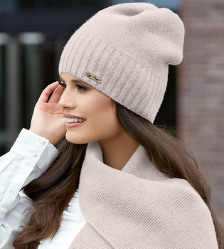 Ekskluzywny komplet damski wełniany, czapka i szal, Viveka, beżowo-szary jasny (2), 54-56 cm