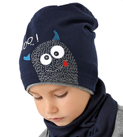 Czapka wiosenna/jesienna dla chłopca, granatowa,  z potworkiem, Booo, 45-47 cm