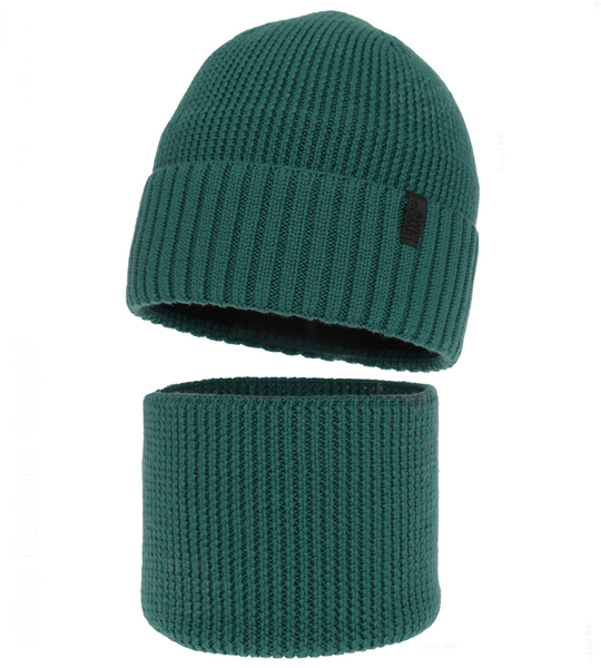 Czapka i komin dla chłopca, 100% merino,  Rahian, szmaragdowy, 53-55 cm